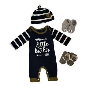 NB Little Brother Baby Outfit 4 Piece Set | Graphic Romper, Hat & Booties